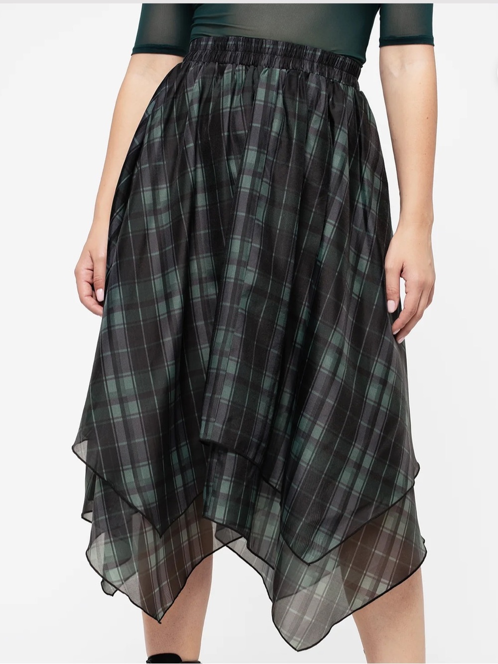 Disturbia Checkmate Layered Organza Handkerchief Hem Skirt Green Black Size 10